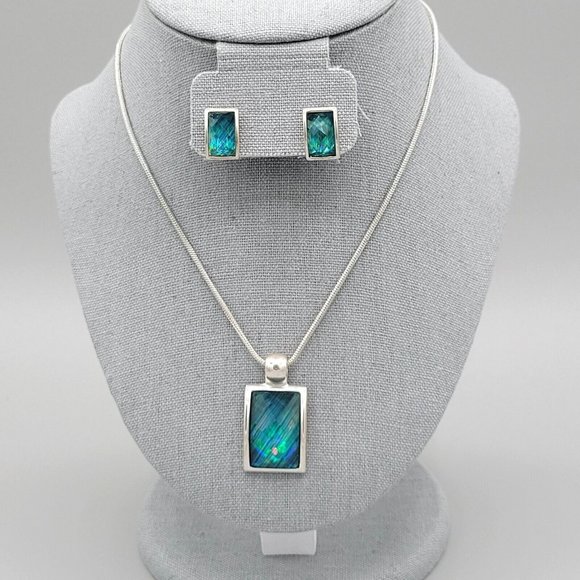 KC Jewelry - KC Blue Stone Rectangle Pendant Necklace Earrings Fashion Set Blue Silver Tone